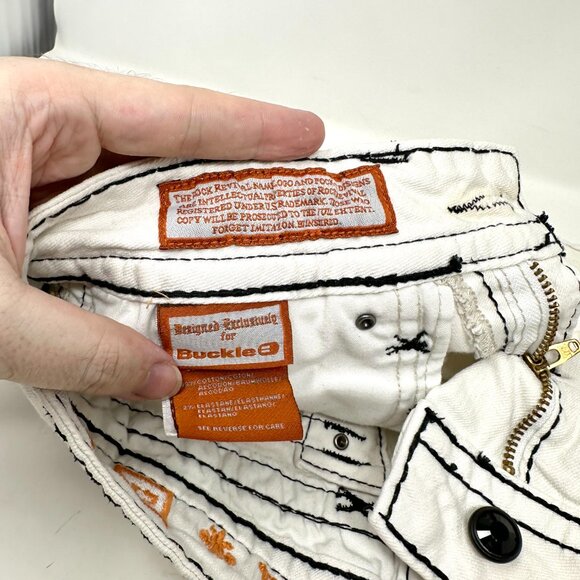 Rock Revival White Jen Demin Shorts sz S 27 Women Black Rhinestone Designs - Picture 8 of 16